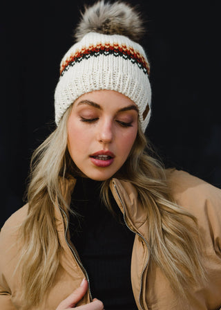 ***Cream, Mustard, Rust & Olive Patterned Pom Hat-12- Accessories & Gifts-Panache Apparel Co.-Styled by Stacked - A Plus Size Women's Boutique in Lakeville, MN
