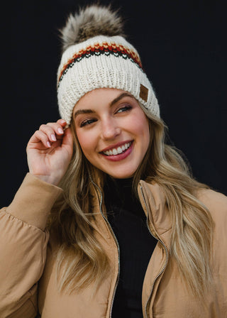 ***Cream, Mustard, Rust & Olive Patterned Pom Hat-12- Accessories & Gifts-Panache Apparel Co.-Styled by Stacked - A Plus Size Women's Boutique in Lakeville, MN