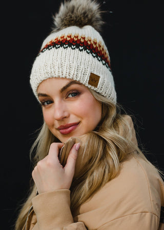 ***Cream, Mustard, Rust & Olive Patterned Pom Hat-12- Accessories & Gifts-Panache Apparel Co.-Styled by Stacked - A Plus Size Women's Boutique in Lakeville, MN
