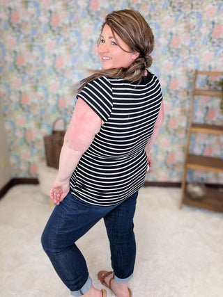 1- ShortSlv/Slvless Tops Crystal Short Sleeve Striped Top w/Scalloped Neck plus size clothing