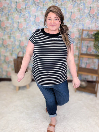 1- ShortSlv/Slvless Tops Crystal Short Sleeve Striped Top w/Scalloped Neck plus size clothing