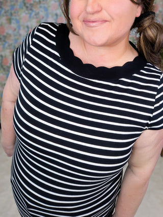 1- ShortSlv/Slvless Tops Crystal Short Sleeve Striped Top w/Scalloped Neck plus size clothing