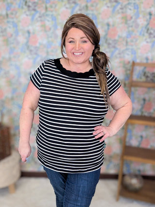 1- ShortSlv/Slvless Tops Crystal Short Sleeve Striped Top w/Scalloped Neck plus size clothing