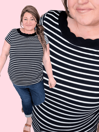 1- ShortSlv/Slvless Tops Crystal Short Sleeve Striped Top w/Scalloped Neck plus size clothing