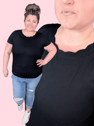 1- ShortSlv/Slvless Tops Crystal Short Sleeve Top w/Scalloped Neck in Black plus size clothing