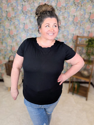 1- ShortSlv/Slvless Tops Crystal Short Sleeve Top w/Scalloped Neck in Black plus size clothing