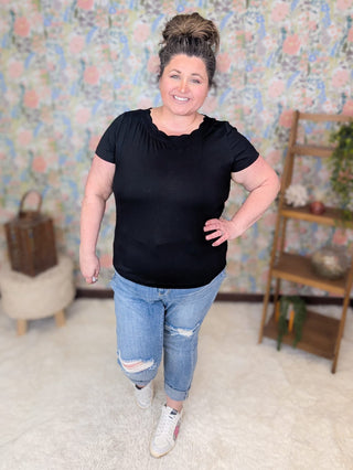 1- ShortSlv/Slvless Tops Crystal Short Sleeve Top w/Scalloped Neck in Black plus size clothing