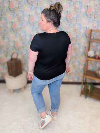 1- ShortSlv/Slvless Tops Crystal Short Sleeve Top w/Scalloped Neck in Black plus size clothing