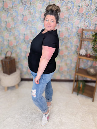 1- ShortSlv/Slvless Tops Crystal Short Sleeve Top w/Scalloped Neck in Black plus size clothing