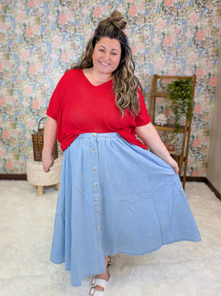 11- Dress/Romp/Jump Cypress Button Detail Denim Midi Skirt plus size clothing