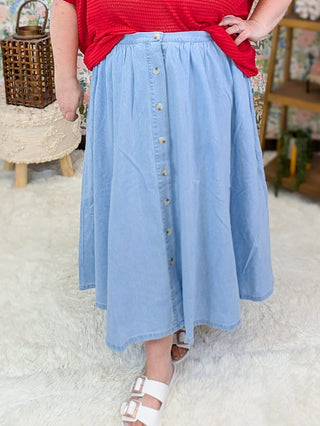 11- Dress/Romp/Jump Cypress Button Detail Denim Midi Skirt plus size clothing