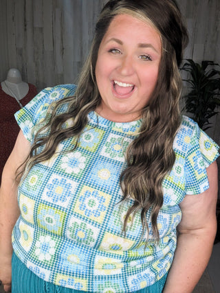 Daisy Flutter Sleeve Top in Granny Squares-1- ShortSlv/Slvless Tops-HAPTICS-Styled by Stacked - A Plus Size Women's Boutique in Lakeville, MN
