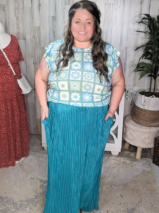 Daisy Flutter Sleeve Top in Granny Squares-1- ShortSlv/Slvless Tops-HAPTICS-Styled by Stacked - A Plus Size Women's Boutique in Lakeville, MN