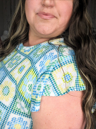 Daisy Flutter Sleeve Top in Granny Squares-1- ShortSlv/Slvless Tops-HAPTICS-Styled by Stacked - A Plus Size Women's Boutique in Lakeville, MN
