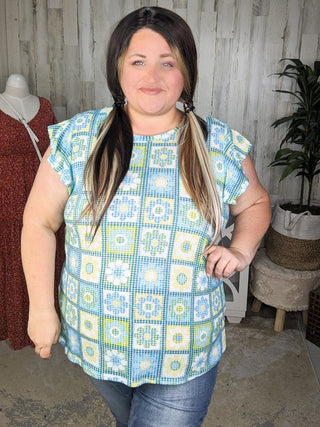 Daisy Flutter Sleeve Top in Granny Squares-1- ShortSlv/Slvless Tops-HAPTICS-Styled by Stacked - A Plus Size Women's Boutique in Lakeville, MN