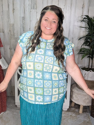Daisy Flutter Sleeve Top in Granny Squares-1- ShortSlv/Slvless Tops-HAPTICS-Styled by Stacked - A Plus Size Women's Boutique in Lakeville, MN