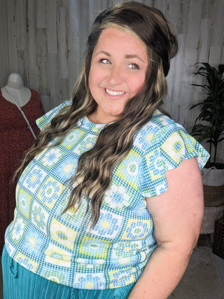 Daisy Flutter Sleeve Top in Granny Squares-1- ShortSlv/Slvless Tops-HAPTICS-Styled by Stacked - A Plus Size Women's Boutique in Lakeville, MN