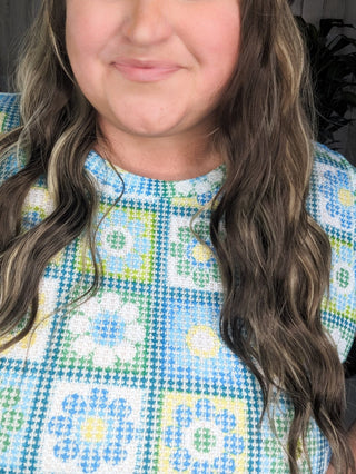 Daisy Flutter Sleeve Top in Granny Squares-1- ShortSlv/Slvless Tops-HAPTICS-Styled by Stacked - A Plus Size Women's Boutique in Lakeville, MN