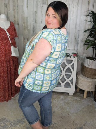 Daisy Flutter Sleeve Top in Granny Squares-1- ShortSlv/Slvless Tops-HAPTICS-Styled by Stacked - A Plus Size Women's Boutique in Lakeville, MN