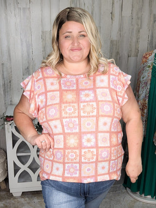 Daisy Flutter Sleeve Top in Granny Squares-1- ShortSlv/Slvless Tops-HAPTICS-Styled by Stacked - A Plus Size Women's Boutique in Lakeville, MN