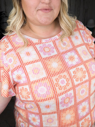 Daisy Flutter Sleeve Top in Granny Squares-1- ShortSlv/Slvless Tops-HAPTICS-Styled by Stacked - A Plus Size Women's Boutique in Lakeville, MN