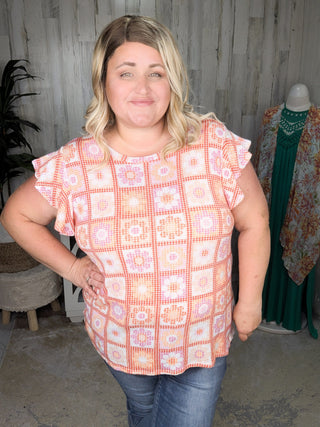 Daisy Flutter Sleeve Top in Granny Squares-1- ShortSlv/Slvless Tops-HAPTICS-Styled by Stacked - A Plus Size Women's Boutique in Lakeville, MN