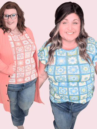 Daisy Flutter Sleeve Top in Granny Squares-1- ShortSlv/Slvless Tops-HAPTICS-Styled by Stacked - A Plus Size Women's Boutique in Lakeville, MN