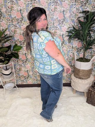 Daisy Flutter Sleeve Top in Granny Squares-1- ShortSlv/Slvless Tops-HAPTICS-Styled by Stacked - A Plus Size Women's Boutique in Lakeville, MN