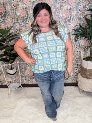 Daisy Flutter Sleeve Top in Granny Squares-1- ShortSlv/Slvless Tops-HAPTICS-Styled by Stacked - A Plus Size Women's Boutique in Lakeville, MN