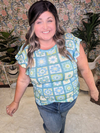 Daisy Flutter Sleeve Top in Granny Squares-1- ShortSlv/Slvless Tops-HAPTICS-Styled by Stacked - A Plus Size Women's Boutique in Lakeville, MN