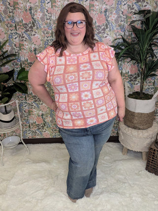 Daisy Flutter Sleeve Top in Granny Squares-1- ShortSlv/Slvless Tops-HAPTICS-Styled by Stacked - A Plus Size Women's Boutique in Lakeville, MN