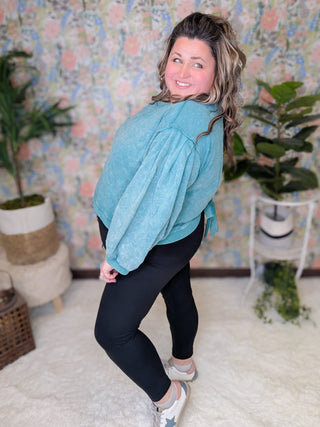 Dana Teal Mineral Wash Open Back Pullover-2- Long Sleeve Tops-SEW IN LOVE-Styled by Stacked - A Plus Size Women's Boutique in Lakeville, MN