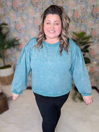 Dana Teal Mineral Wash Open Back Pullover-2- Long Sleeve Tops-SEW IN LOVE-Styled by Stacked - A Plus Size Women's Boutique in Lakeville, MN