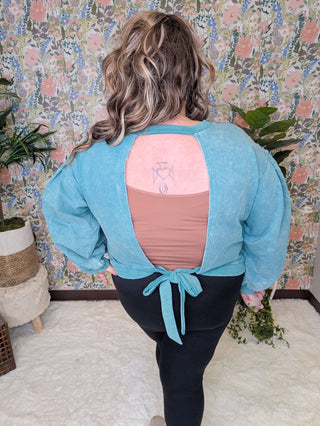 Dana Teal Mineral Wash Open Back Pullover-2- Long Sleeve Tops-SEW IN LOVE-Styled by Stacked - A Plus Size Women's Boutique in Lakeville, MN