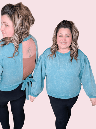 Dana Teal Mineral Wash Open Back Pullover-2- Long Sleeve Tops-SEW IN LOVE-Styled by Stacked - A Plus Size Women's Boutique in Lakeville, MN
