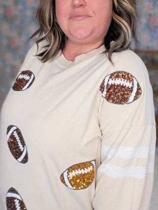 2- Long Sleeve Tops Dani Sequin Football Pullover on Taupe plus size clothing
