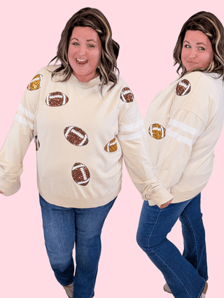 2- Long Sleeve Tops Dani Sequin Football Pullover on Taupe plus size clothing