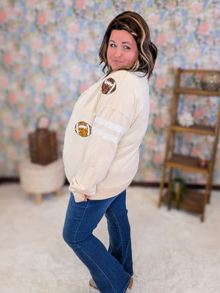 2- Long Sleeve Tops Dani Sequin Football Pullover on Taupe plus size clothing