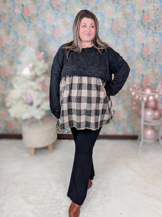 Danielle Twofer Mineral Wash Pullover w/Plaid Bottom-2- Long Sleeve Tops-WHITE BIRCH-Styled by Stacked - A Plus Size Women's Boutique in Lakeville, MN