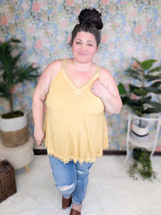 Daphne Lace Accent Tank in Yellow Pear-1- ShortSlv/Slvless Tops-pol-Styled by Stacked - A Plus Size Women's Boutique in Lakeville, MN