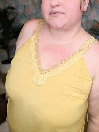 Daphne Lace Accent Tank in Yellow Pear-1- ShortSlv/Slvless Tops-pol-Styled by Stacked - A Plus Size Women's Boutique in Lakeville, MN