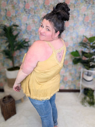 Daphne Lace Accent Tank in Yellow Pear-1- ShortSlv/Slvless Tops-pol-Styled by Stacked - A Plus Size Women's Boutique in Lakeville, MN