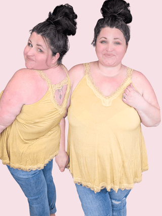 Daphne Lace Accent Tank in Yellow Pear-1- ShortSlv/Slvless Tops-pol-Styled by Stacked - A Plus Size Women's Boutique in Lakeville, MN