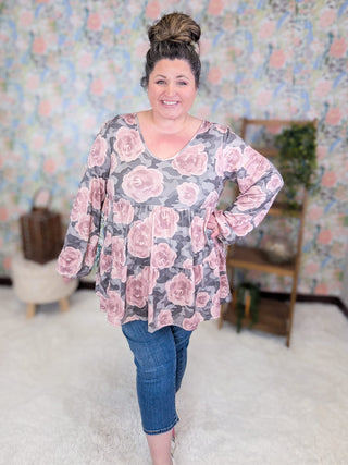 2- Long Sleeve Tops Daria Tiered Long Sleeve Top in Gray Camo + Roses plus size clothing