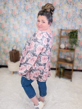 2- Long Sleeve Tops Daria Tiered Long Sleeve Top in Gray Camo + Roses plus size clothing