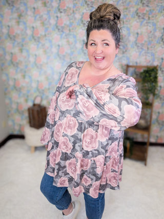 2- Long Sleeve Tops Daria Tiered Long Sleeve Top in Gray Camo + Roses plus size clothing