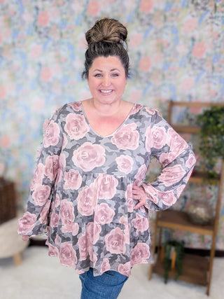 2- Long Sleeve Tops Daria Tiered Long Sleeve Top in Gray Camo + Roses plus size clothing