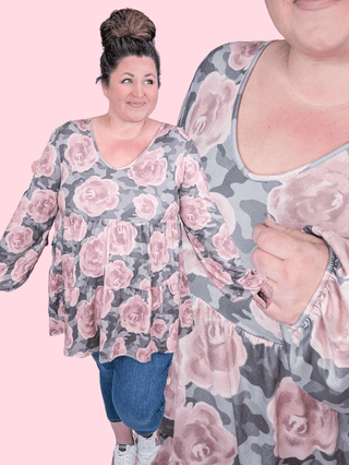 2- Long Sleeve Tops Daria Tiered Long Sleeve Top in Gray Camo + Roses plus size clothing