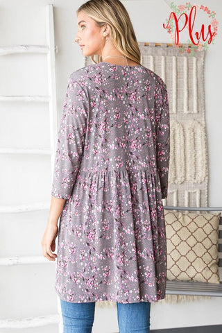 Darla Babydoll Cardigan in Ditsy Floral on Gray-4- Overlayer Tops-HEIMISH-Styled by Stacked - A Plus Size Women's Boutique in Lakeville, MN