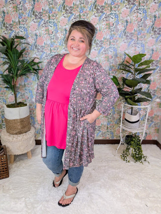 Darla Babydoll Cardigan in Ditsy Floral on Gray-4- Overlayer Tops-HEIMISH-Styled by Stacked - A Plus Size Women's Boutique in Lakeville, MN